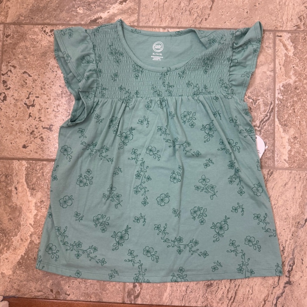 NWT Size XLarge (14-16) Wonder Nation Ruffle Floral Teal Top